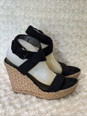 Stuart Weitzman Black Woven Espadrille Wedge Sandals, sz 10.5 M